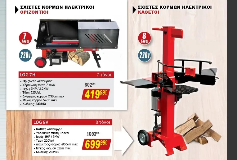 Υδραυλικός σχίστης κάθετος 8 τόνων 220 volt
